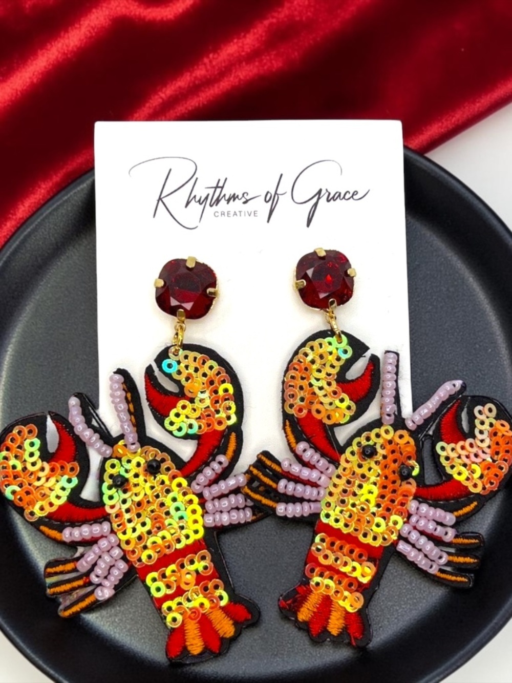 Beaded Crawfish Earrings Mardi Gras Louisiana Cajun Statement Sequin NWT